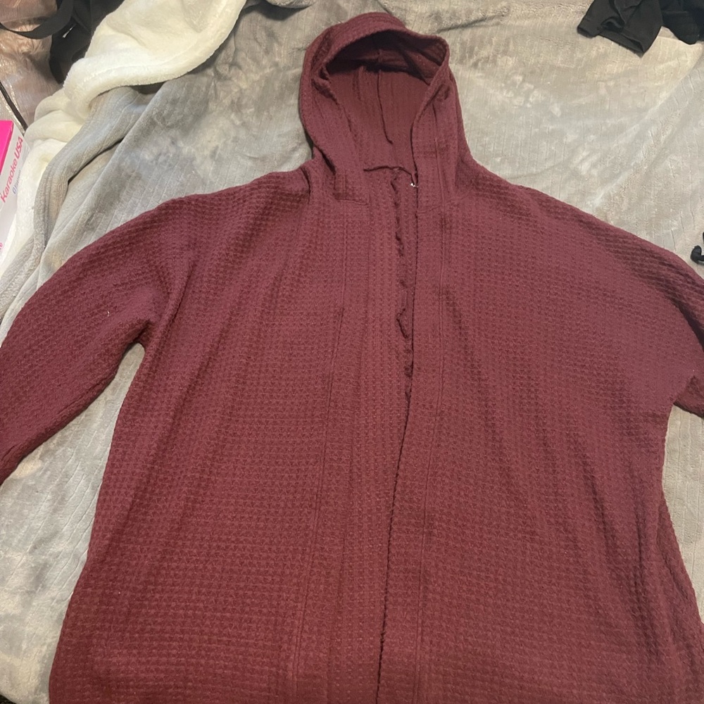 Red cardigan with hood